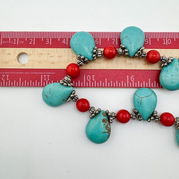 Turquoise & Red Coral Beaded Necklace Set Teardrop Toggle Earrings Southwestern - Picture 16 of 16